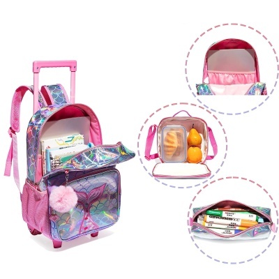 Mochila escolar rosa com carrinho e bolso transparente