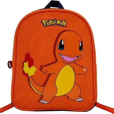 Mochila laranja, com personagem Charmander do Pokémon e texto POKÉMON.