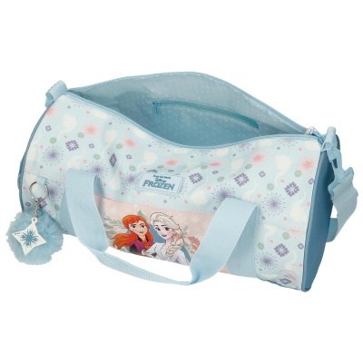 Mala desportiva azul clara com imagem das personagens Anna e Elsa do Frozen