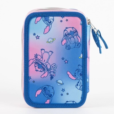 Estojo escolar azul e rosa com estampado de personagens Stitch e estrelas