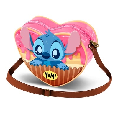 Bolsa em forma de coração com estampado do Stitch e cupcake rosa