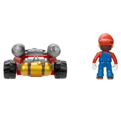 Brinquedo figura humana com carrinho vermelho e pneus grandes