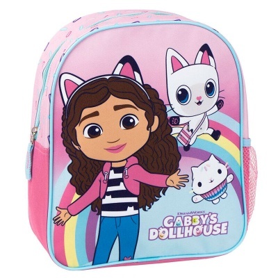 Mochila infantil colorida com personagem animada e texto Gabby's Dollhouse