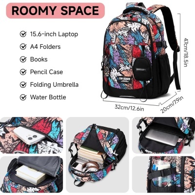 Mochila colorida com padrão geométrico e vários compartimentos