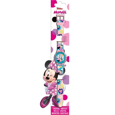 Relógio digital infantil cor de rosa com personagem Minnie e flores coloridas