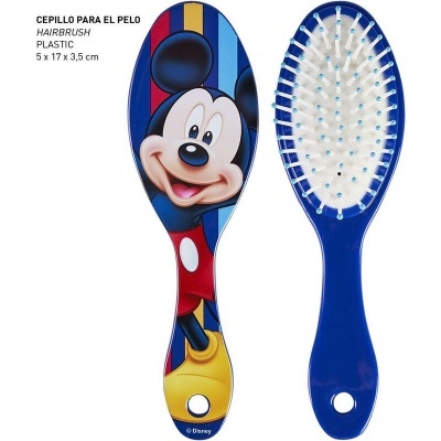 Escova de cabelo azul com desenho do Mickey Mouse e cerdas brancas.