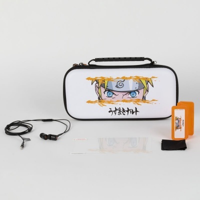 Conjunto de acessórios Naruto com mala branca, auscultadores pretos e estojo laranja