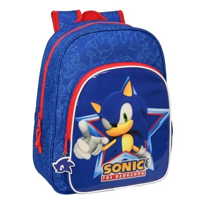 Mochila azul com personagem Sonic e texto SONIC THE HEDGEHOG