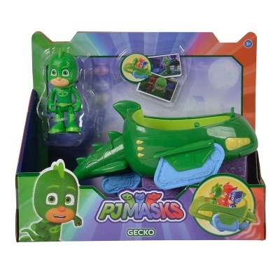 Brinquedo da personagem Gecko PJ Masks com figura articulada e mota verdes