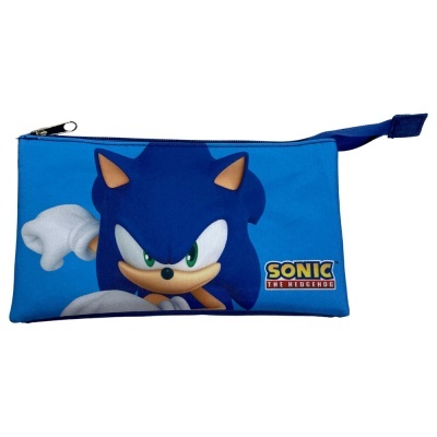 Estojo azul com imagem do Sonic e texto SONIC THE HEDGEHOG