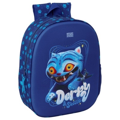 Mochila azul com padrão de pegadas e desenho de gato azul e pássaro preto