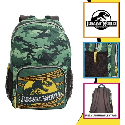 mochila camuflagem verde com bolso frontal estampado Jurassic World
