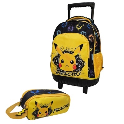 Mochila e estojo amarelo e preto com imagem do Pikachu