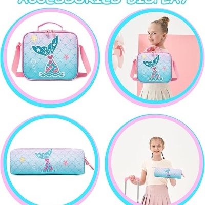 Conjunto de acessórios com cauda de sereia azul e rosa, incluindo bolsa, estojo e bolsa pequena