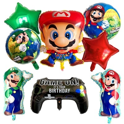 Conjunto de balões de festa Super Mario com personagens, estrelas e controlador de jogos.