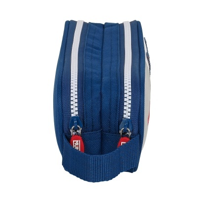 Estojo escolar azul com dois fechos de correr e pega em tecido