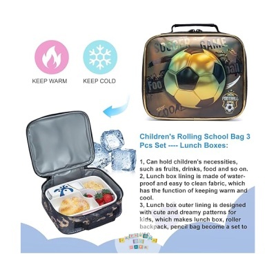 Mala escolar térmica com padrão de bola de futebol dourada e interior cinza