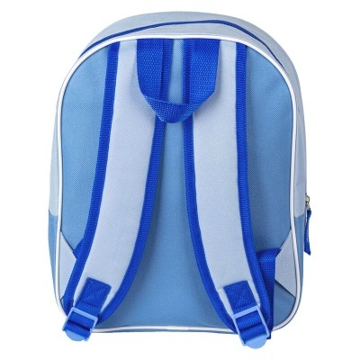 Mochila pequena azul clara com alças acolchoadas azul escuro e claro vista de costas