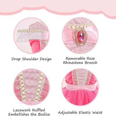 Detalhes de vestido rosa com broche de strass e renda