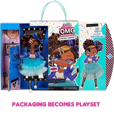 Boneca LOL OMG Miss Glam em vestido azul com embalagem playset