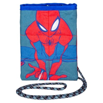 Carteira de tecido com desenho do Homem-Aranha em azul e vermelho, com cordão preto e branco