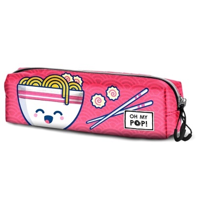 Estojo rosa decorado com tigela de noodles feliz e texto OH MY POP!