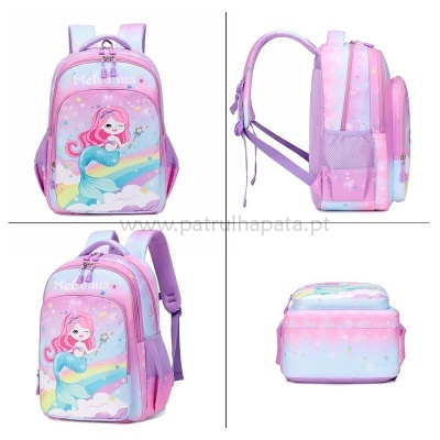 Mochila infantil rosa e lilás com sereia e arco-íris