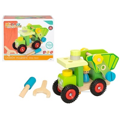 Brinquedo de madeira camião basculante verde com ferramentas e figura humana