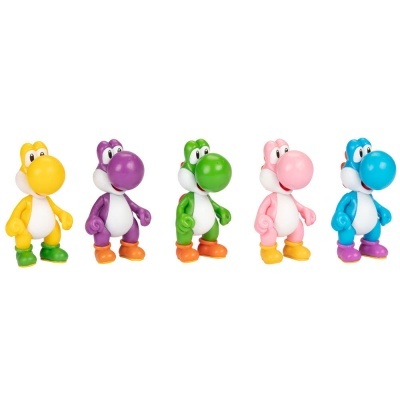 Cinco figuras de brinquedo Yoshi de várias cores em linha