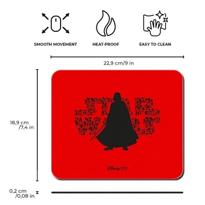 Tapete de rato vermelho com imagem preta de personagem em silhueta e texto Disney 100