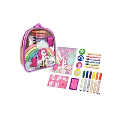 Mochila rosa infantil com arco-íris e unicórnio e material de desenho colorido