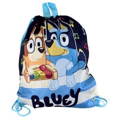Saco mochila azul com personagens de desenho animado e texto BLUEY