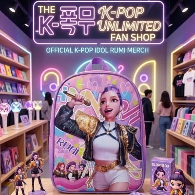 Mochila rosa roxo com estampa de personagem K-POP segurando microfone dourado