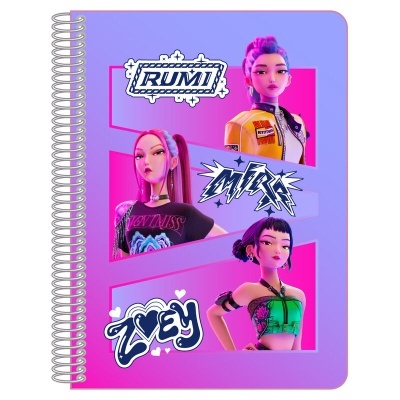 caderno roxo com três personagens femininas e nomes RUMI, MIRA, ZOEY