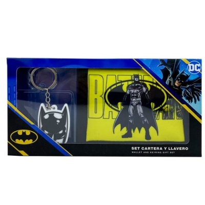 Conjunto de carteira amarela e porta-chaves com design do Batman em embalagem azul e preta