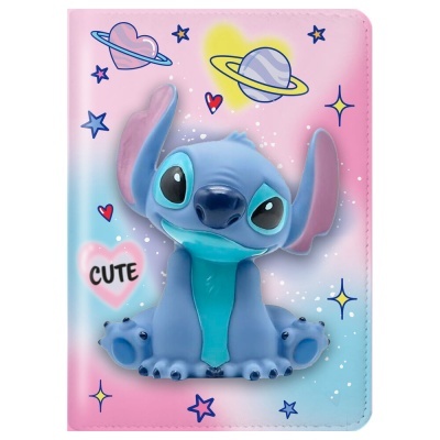 Capa colorida com personagem Stitch e elementos espaciais e corações