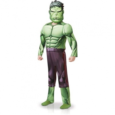 Fato infantil do Hulk verde com máscara e calças roxas