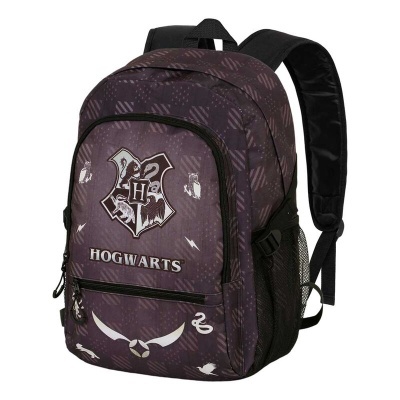 Mochila preta com emblema da Hogwarts e texto 'HOGWARTS'