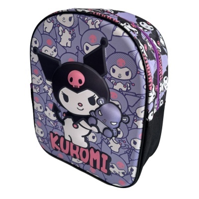 Mochila pequena Kuromi roxa e preta com padrão de personagem e texto KUROMI