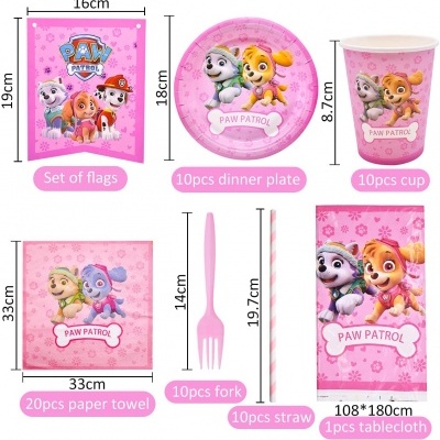 Conjunto de festa Paw Patrol rosa com vários itens descartáveis e toalha de mesa decorados