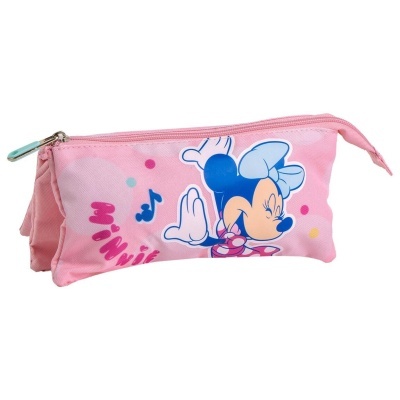 Estojo cor-de-rosa com imagem da personagem Minnie Mouse e fecho de correr