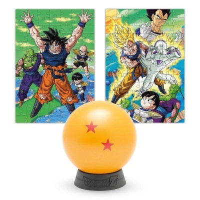 Conjunto de puzzles Dragon Ball e esfera laranja decorativa com duas estrelas vermelhas.