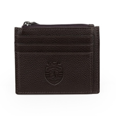 Carteira ou porta-cartões de couro castanho escuro com fecho e compartimentos para cartões