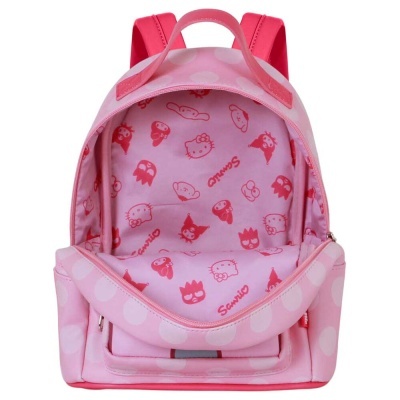 Mochila rosa com bolinhas brancas e interior com personagens Sanrio vermelho