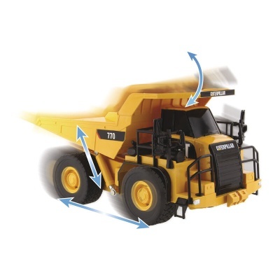 Brinquedo carrinha amarelo Caterpillar com rodas grandes e detalhes pretos