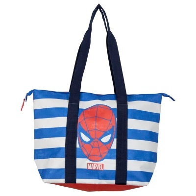 saco azul e branco com riscas horizontais e rosto do Homem-Aranha