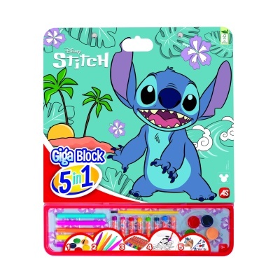 Conjunto Disney Stitch Giga Block 5 em 1 com materiais de desenho e pintura.