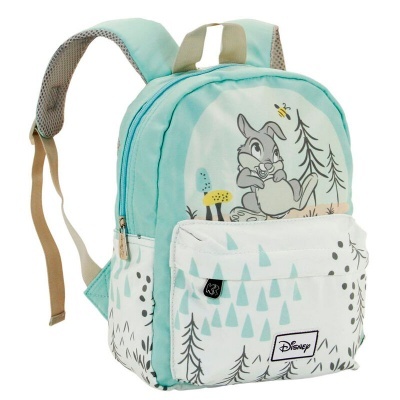 Mochila infantil Disney azul claro e branca com desenho do coelho Bambi e padrão de árvores