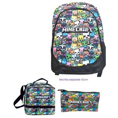 Conjunto de mochila, lancheira e estojo Minecraft com padrão colorido de personagens quadrados.