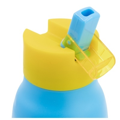 Tampa de garrafa plástica azul e amarela com bocal